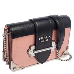 Pre Owned Prada Metallic Pink/Black Leather Cahier Shoulder Bag