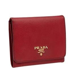 Pre Owned Prada Red Saffiano Leather Compact Wallet