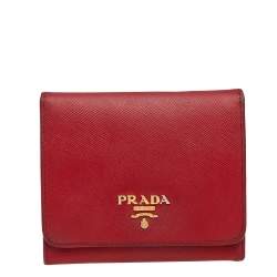 Pre Owned Prada Red Saffiano Leather Compact Wallet