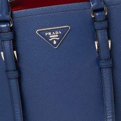 Pre Owned Prada Blue Saffiano Cuir Leather Small Double Handle Tote