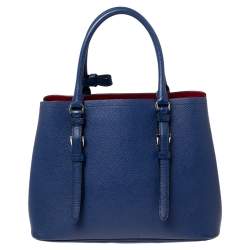 Pre Owned Prada Blue Saffiano Cuir Leather Small Double Handle Tote