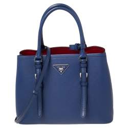 Pre Owned Prada Blue Saffiano Cuir Leather Small Double Handle Tote