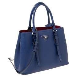 Pre Owned Prada Blue Saffiano Cuir Leather Small Double Handle Tote