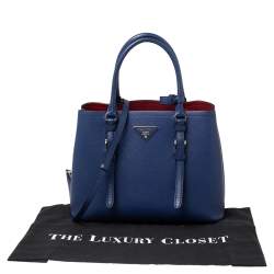 Pre Owned Prada Blue Saffiano Cuir Leather Small Double Handle Tote