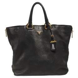 Pre Owned Prada Black Vitello Daino Leather Side Zip Tote