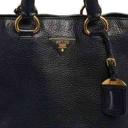 Pre Owned Prada Black Vitello Daino Leather Side Zip Tote