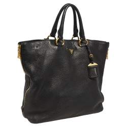 Pre Owned Prada Black Vitello Daino Leather Side Zip Tote
