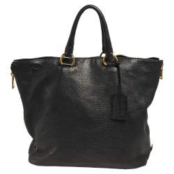 Pre Owned Prada Black Vitello Daino Leather Side Zip Tote