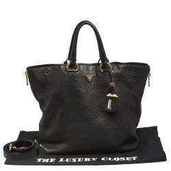 Pre Owned Prada Black Vitello Daino Leather Side Zip Tote