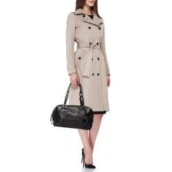 Pre Owned Prada Black Pebbled Leather Logo Embossed Bauletto Satchel