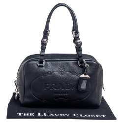 Pre Owned Prada Black Pebbled Leather Logo Embossed Bauletto Satchel