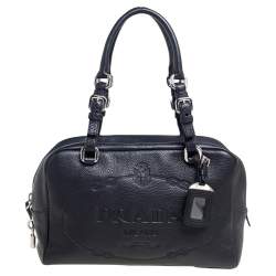 Pre Owned Prada Black Pebbled Leather Logo Embossed Bauletto Satchel