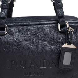 Pre Owned Prada Black Pebbled Leather Logo Embossed Bauletto Satchel