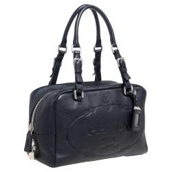 Pre Owned Prada Black Pebbled Leather Logo Embossed Bauletto Satchel