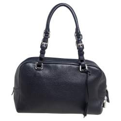 Pre Owned Prada Black Pebbled Leather Logo Embossed Bauletto Satchel