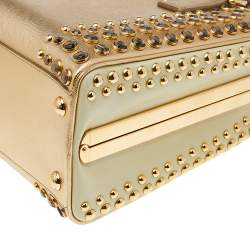 Pre Owned Prada Gold Saffiano Lux Leather Studded Pyramid Frame Satchel