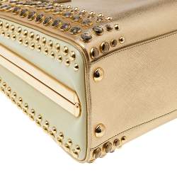 Pre Owned Prada Gold Saffiano Lux Leather Studded Pyramid Frame Satchel