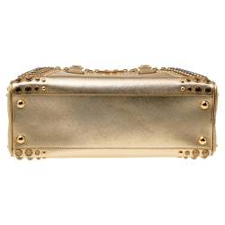 Pre Owned Prada Gold Saffiano Lux Leather Studded Pyramid Frame Satchel