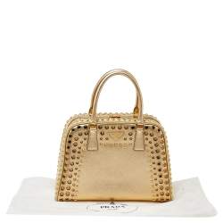 Pre Owned Prada Gold Saffiano Lux Leather Studded Pyramid Frame Satchel