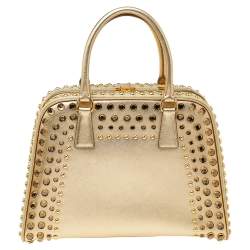 Pre Owned Prada Gold Saffiano Lux Leather Studded Pyramid Frame Satchel
