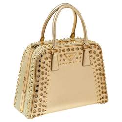 Pre Owned Prada Gold Saffiano Lux Leather Studded Pyramid Frame Satchel