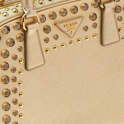 Pre Owned Prada Gold Saffiano Lux Leather Studded Pyramid Frame Satchel