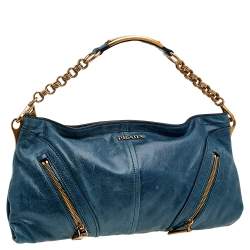 Pre Owned Prada Blue Leather Chain Shoulder Bag