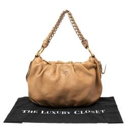 Pre Owned Prada Beige Cervo Lux Leather Woven Chain Hobo
