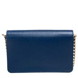 Pre Owned Prada Blue Saffiano Lux Leather Flap Wallet On Chain