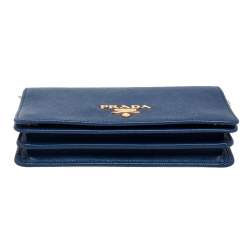 Pre Owned Prada Blue Saffiano Lux Leather Flap Wallet On Chain