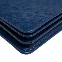 Pre Owned Prada Blue Saffiano Lux Leather Flap Wallet On Chain