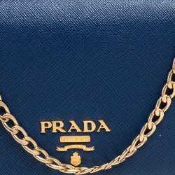 Pre Owned Prada Blue Saffiano Lux Leather Flap Wallet On Chain