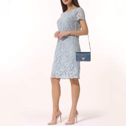 Pre Owned Prada Blue Saffiano Lux Leather Flap Wallet On Chain