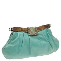 Pre Owned Prada Light Green Crocodile/Lizard and Leather Frame Clutch