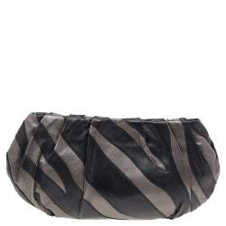 Pre Owned Prada Grey/Black Leather Striped Zip Pouch