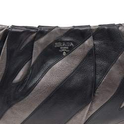 Pre Owned Prada Grey/Black Leather Striped Zip Pouch