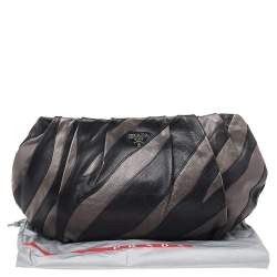 Pre Owned Prada Grey/Black Leather Striped Zip Pouch
