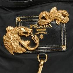 Prada Black Nylon and Leather Trim Dragon Embellished Messenger Bag