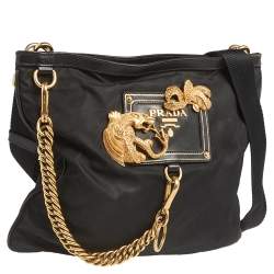 Prada Black Nylon and Leather Trim Dragon Embellished Messenger Bag