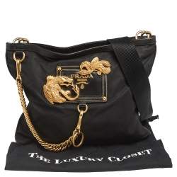 Prada Black Nylon and Leather Trim Dragon Embellished Messenger Bag