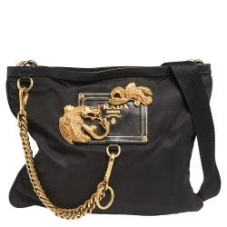 Prada Black Nylon and Leather Trim Dragon Embellished Messenger Bag
