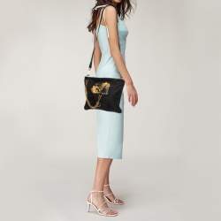 Prada Black Nylon and Leather Trim Dragon Embellished Messenger Bag