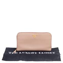 Pre Owned Prada Beige Saffiano Leather Zip Around Wallet