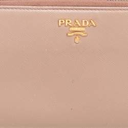 Pre Owned Prada Beige Saffiano Leather Zip Around Wallet