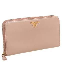 Pre Owned Prada Beige Saffiano Leather Zip Around Wallet