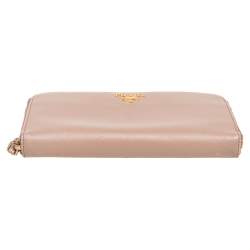 Pre Owned Prada Beige Saffiano Leather Zip Around Wallet