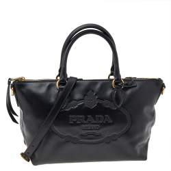 Pre Owned Prada Black Vitello Daino Leather Logo Embossed Tote
