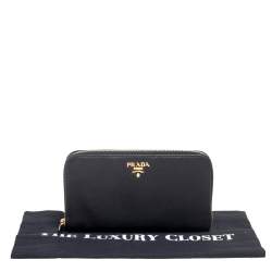 Pre Owned Prada Black Saffiano Leather Zip Around Continental Wallet