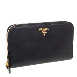 Pre Owned Prada Black Saffiano Leather Zip Around Continental Wallet