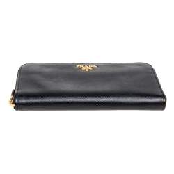 Pre Owned Prada Black Saffiano Leather Zip Around Continental Wallet